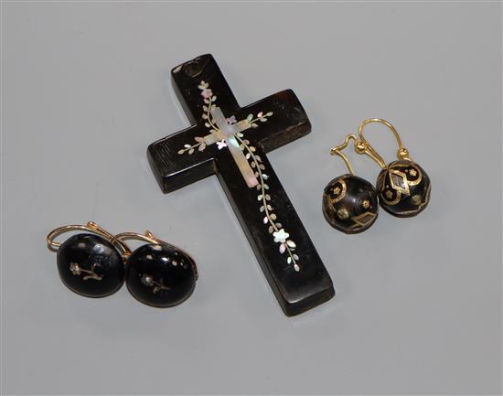 A pair of Victorian yellow metal and tortoiseshell globe earrings, one other pair and a mother of pearl inlaid cross pendant.